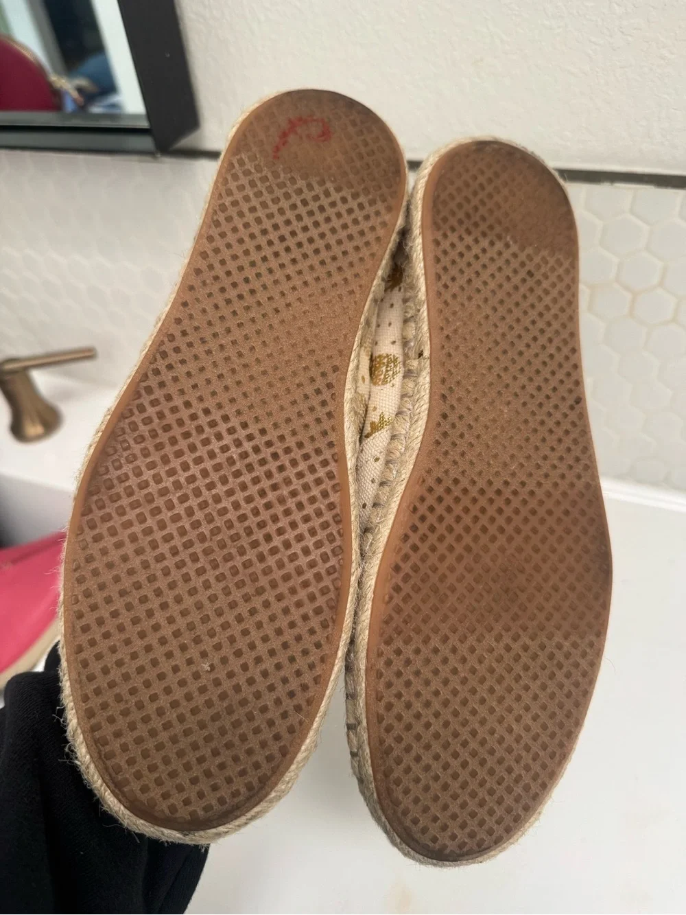 TOMS Cream Espadrille Slip-Ons with Metallic Gold Pineapple Motif